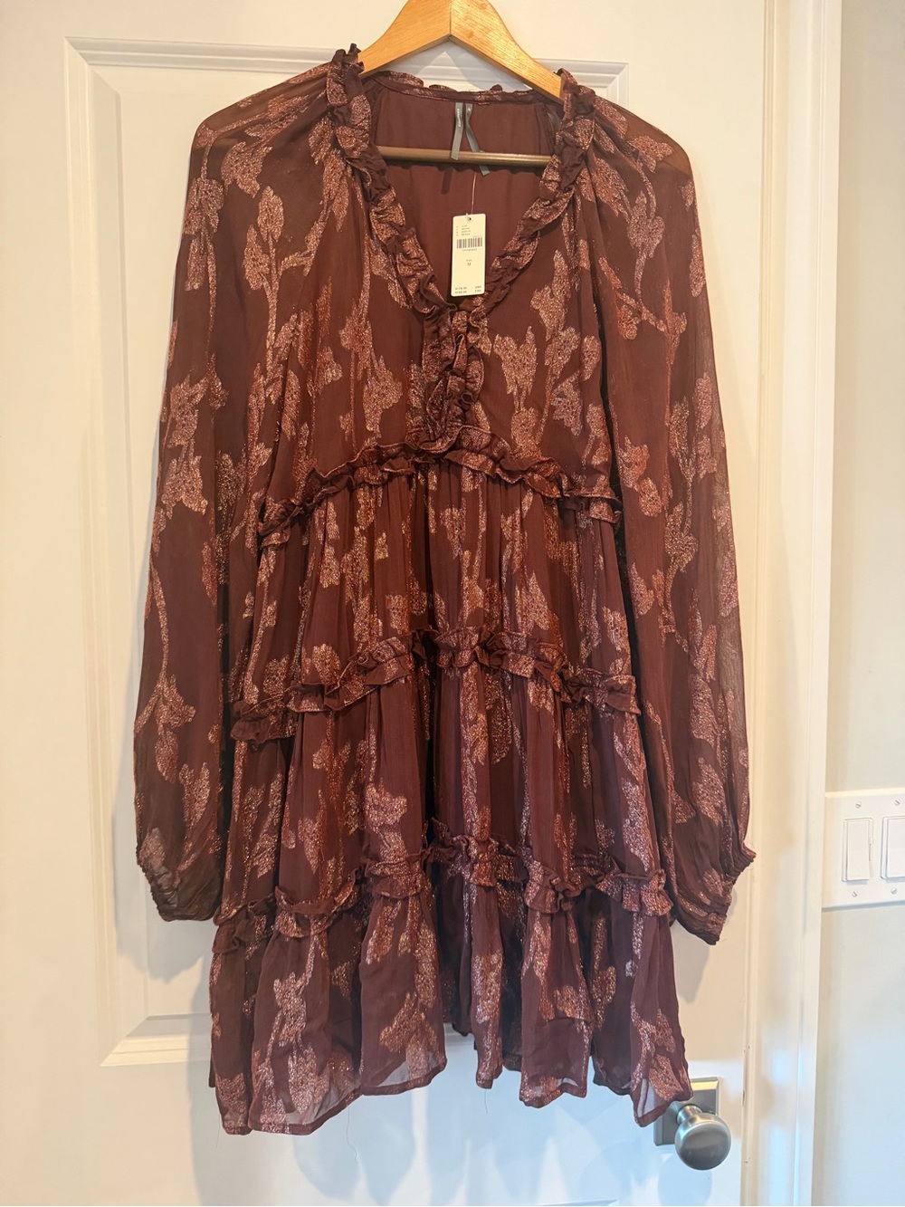 Anthropologie Brown Floral Ruffle Tiered Long-Sleeve Dress
